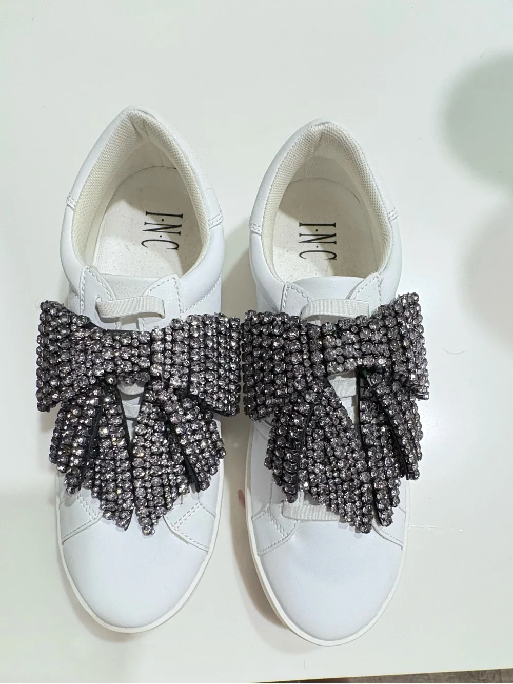 INC White Leather Sneakers with Crystal Bow Accents